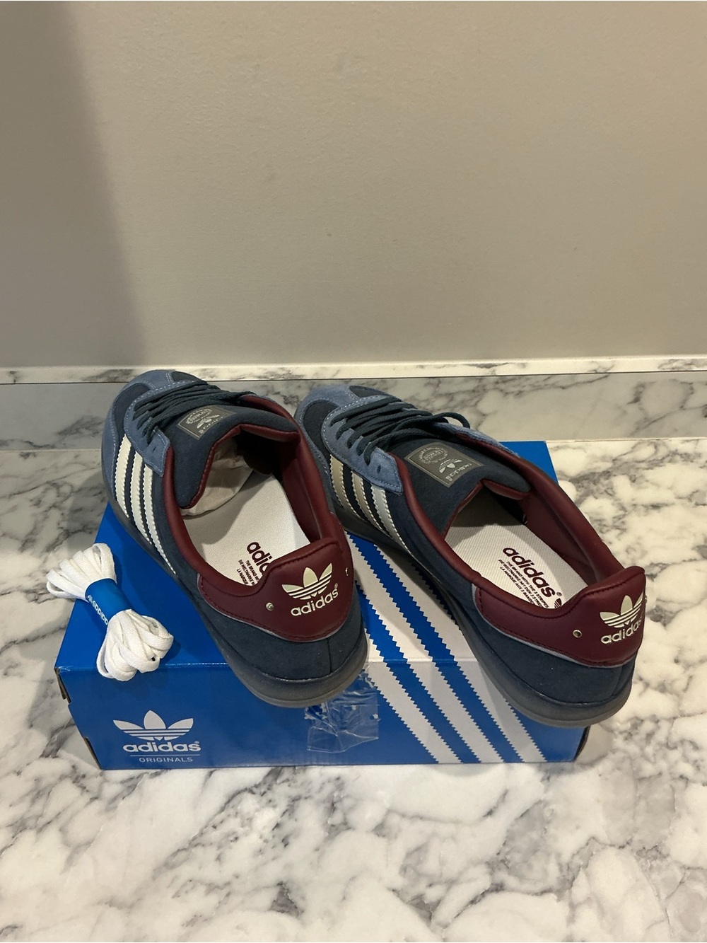 adidas Blue Suede Gazelle Sneakers with White Stripes and Maroon Heel Men 9.5 - Picture 3 of 5